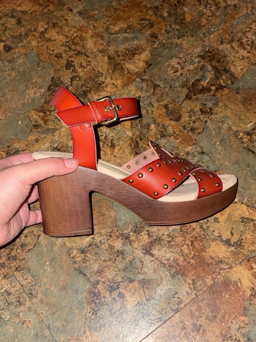 Women's Studded Orange Block Heel Sandals